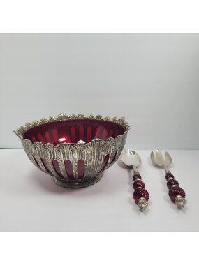 Vintage Silver Plated Godinger Ruby Red Glass Console Bowl with Utensils Set